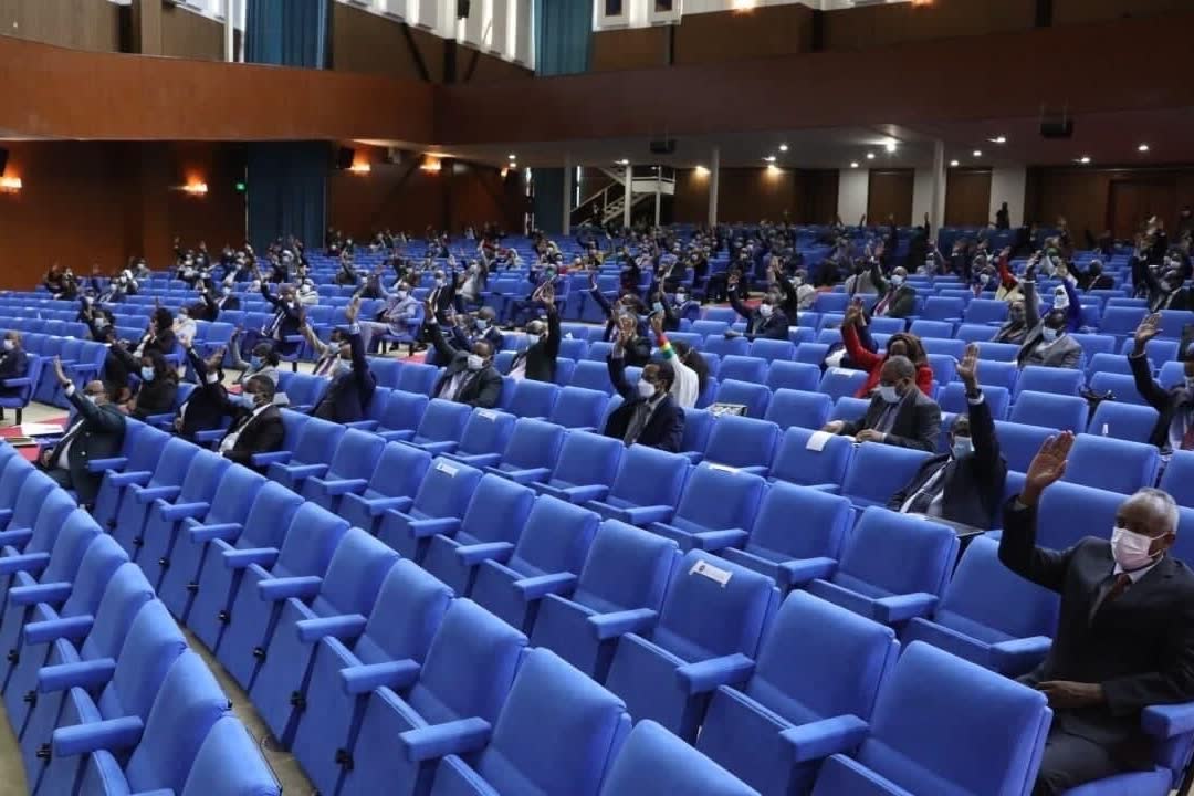 Delegates vote by show of hands in an Ethiopian parliamentary session