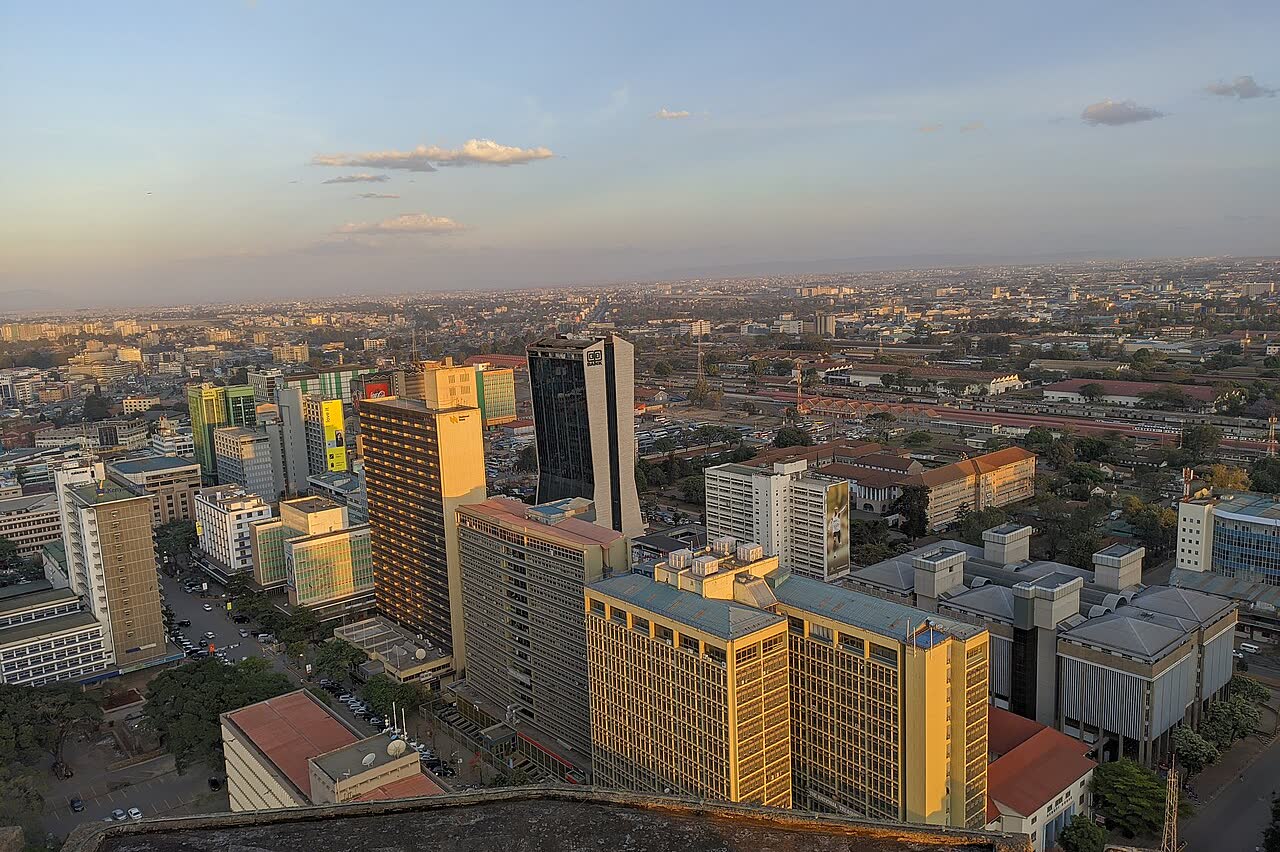 Aerial view of the Nairobi skyline at golden hour