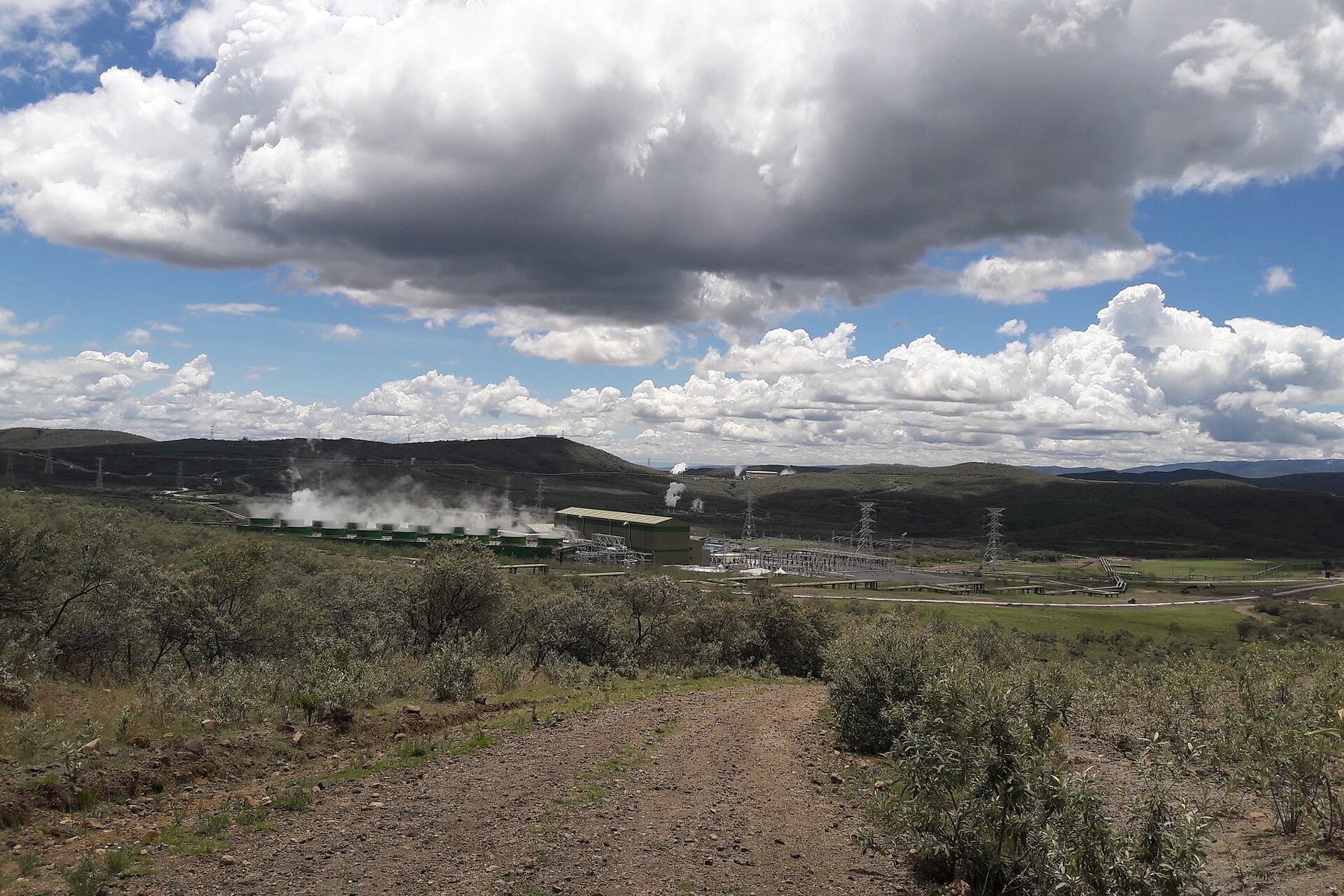 Steam rising from the Olkaria V geothermal station in the Rift Valley, Kenya