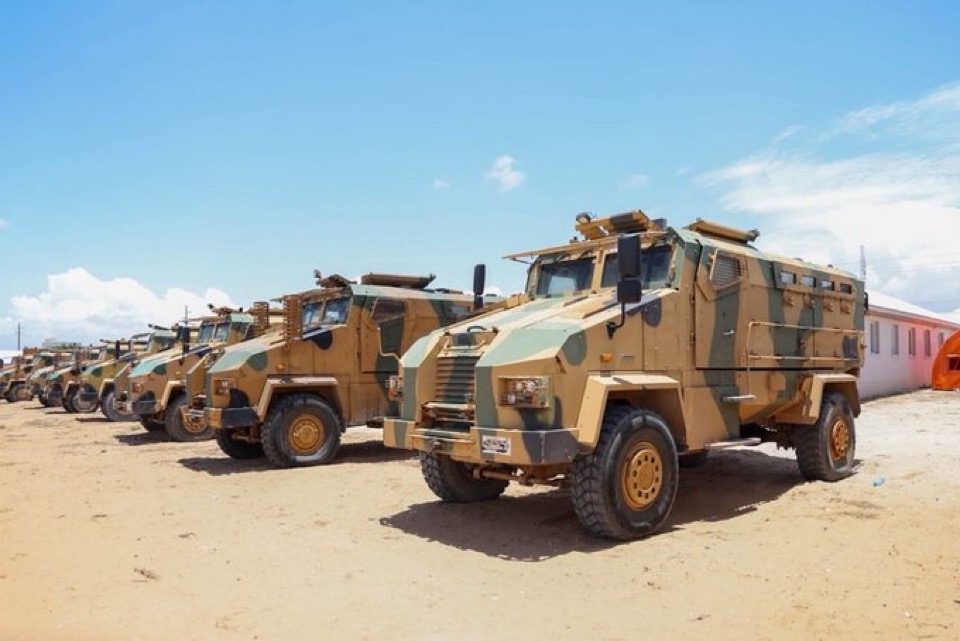Armoured vehicles lined up at a Somali military facility